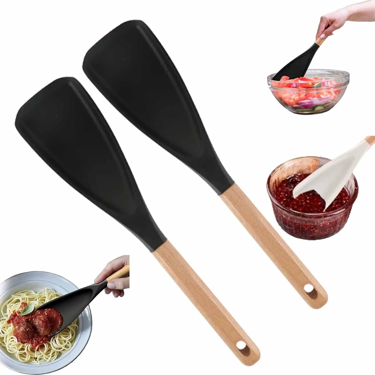 GlobaShun Consensuts Multi Function Spoon, 2-in-1 Multi-function Spatula Spoon, Cooking Spoon for Nonstick Cookwares, Silicone Cooking Utensils for Kitchen, Multifunction Spoon for Mixing 2*Black