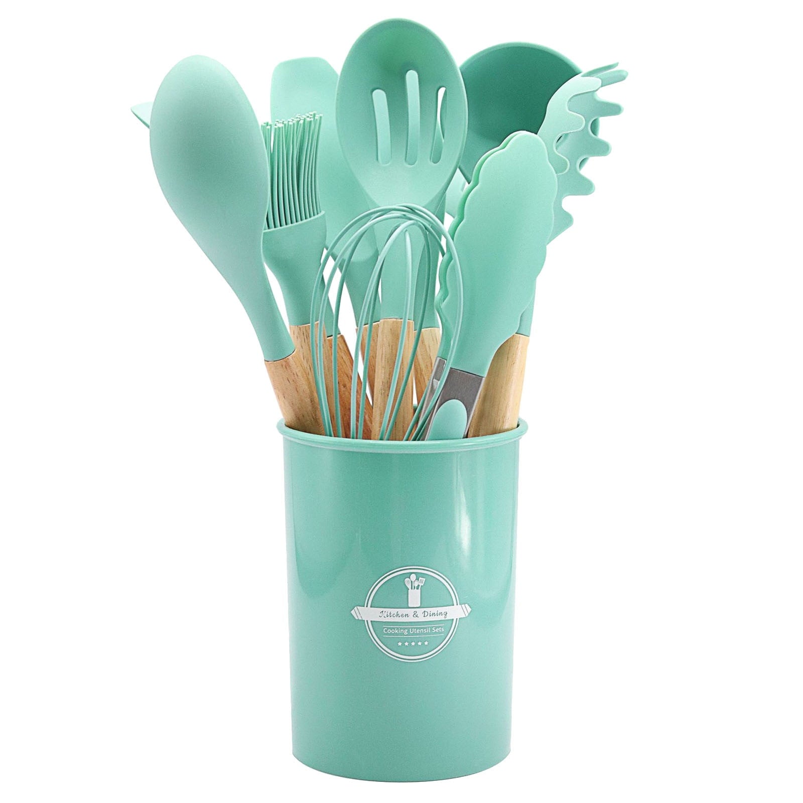 Chmadoxn 12 Pcs Silicone Cooking Kitchen Utensils Set with Holder, Wooden Handles Cooking Tool, Turner Pliers Spatula Spoon Kitchen Gadget Suit for Non-Stick Cookware, Women's Gifts 13×4 in Purple
