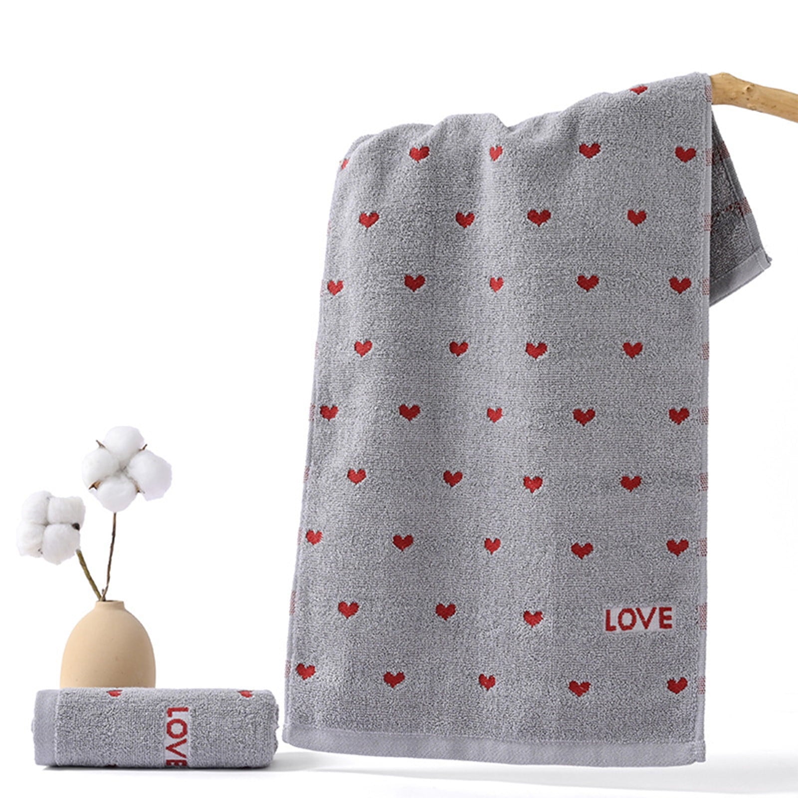 Kdkad Valentines Day Hand Towels, Red White Hearts Cotton Bathroom Towel, Valentines Day Decorative Absorbent Bath Towel for Drying Cleaning Cooking 13.4×29.5 in Gray