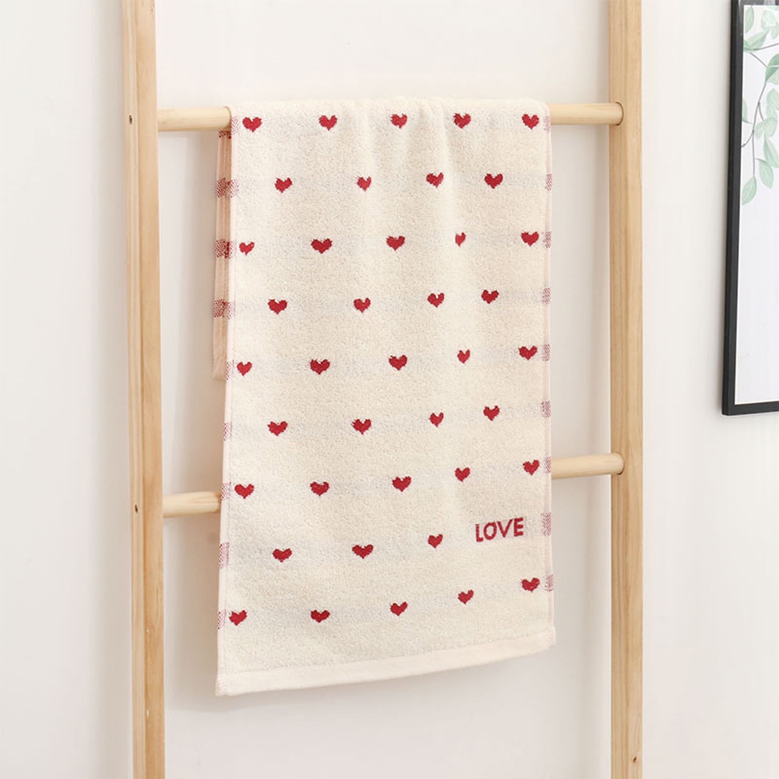 Kdkad Valentines Day Hand Towels, Red White Hearts Cotton Bathroom Towel, Valentines Day Decorative Absorbent Bath Towel for Drying Cleaning Cooking 13.4×29.5 in White
