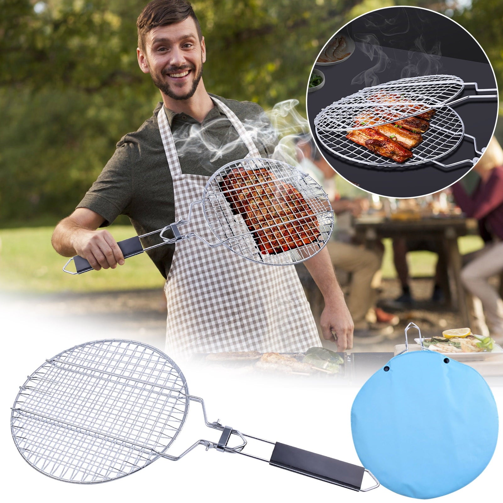 Chmadoxn Extra Large Cooking Surface Grill Clip for Barbecue, Large Foldable Portable Long Handle Wooden Barbecue Camping Outdoor (21.7×11 inch) As Show B