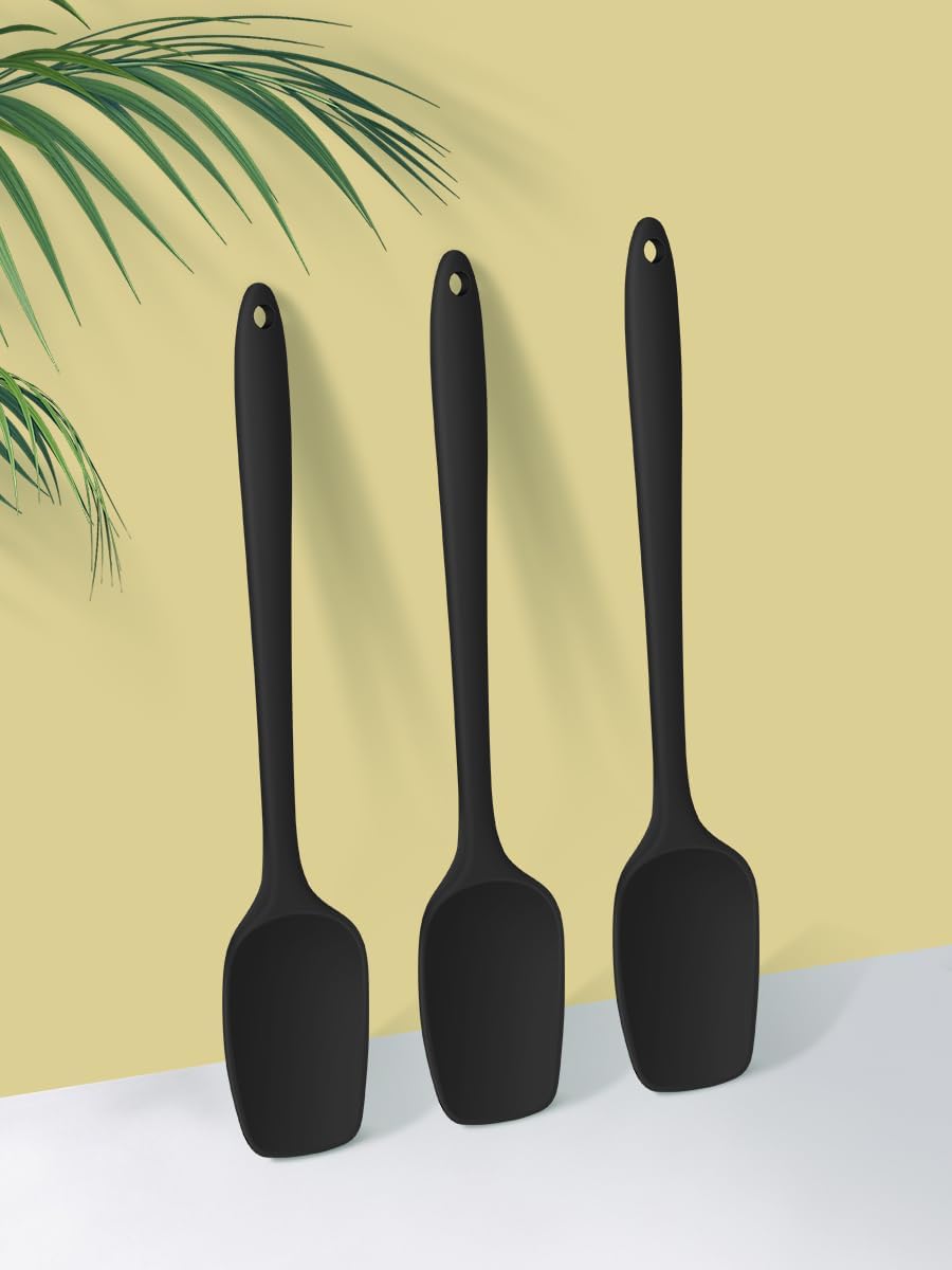 3-Pack Silicone Spoon Spatulas - 600°F Heat Resistant Food Grade Rubber Scraper Set for Cooking, Baking & Mixing - Flexible Non-Stick Kitchen Utensils -Dishwasher Safe(Black)