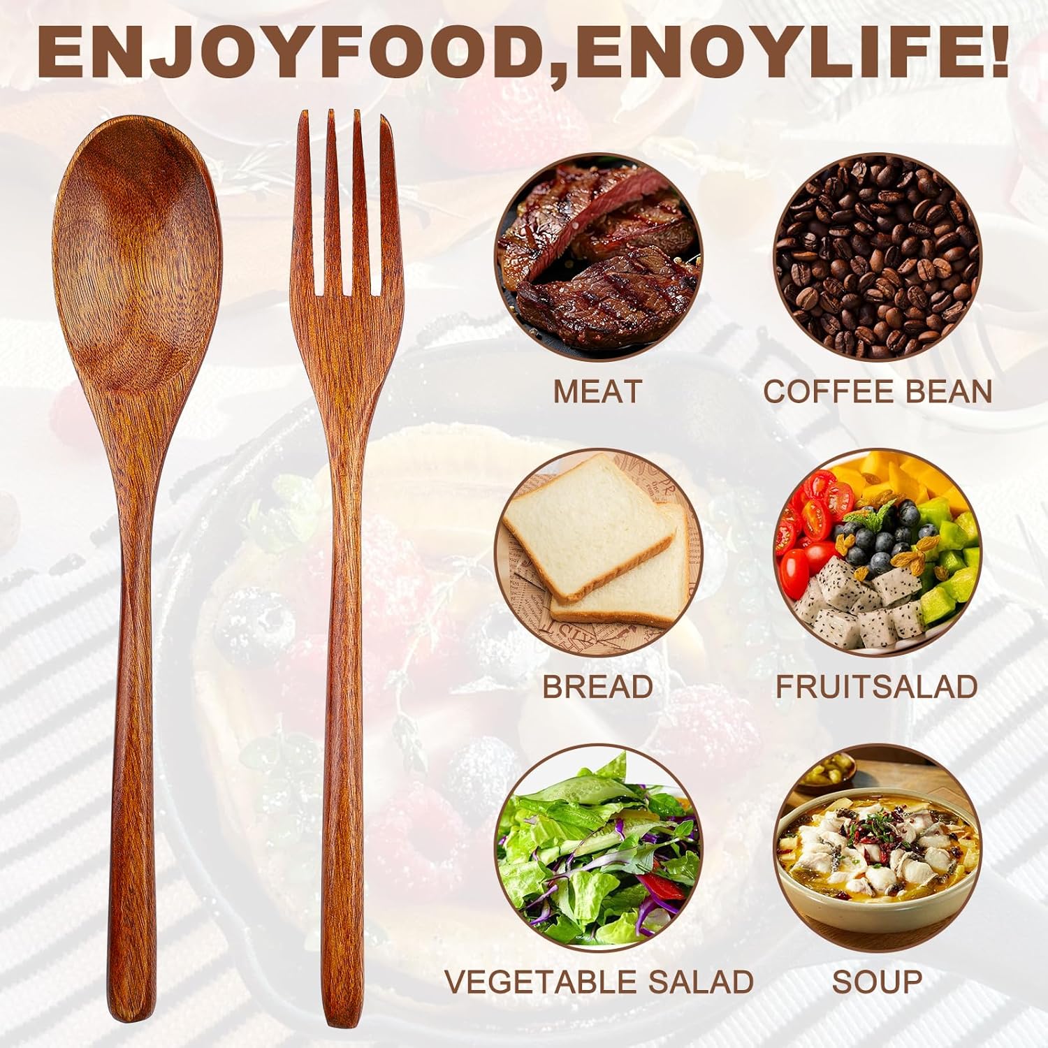2Pcs Wooden Spoons and Forks - Reusable Wooden Utensil Set - Handmade Flatware Tableware Cutlery for Cooking Eating Kitchen Travel and Camping