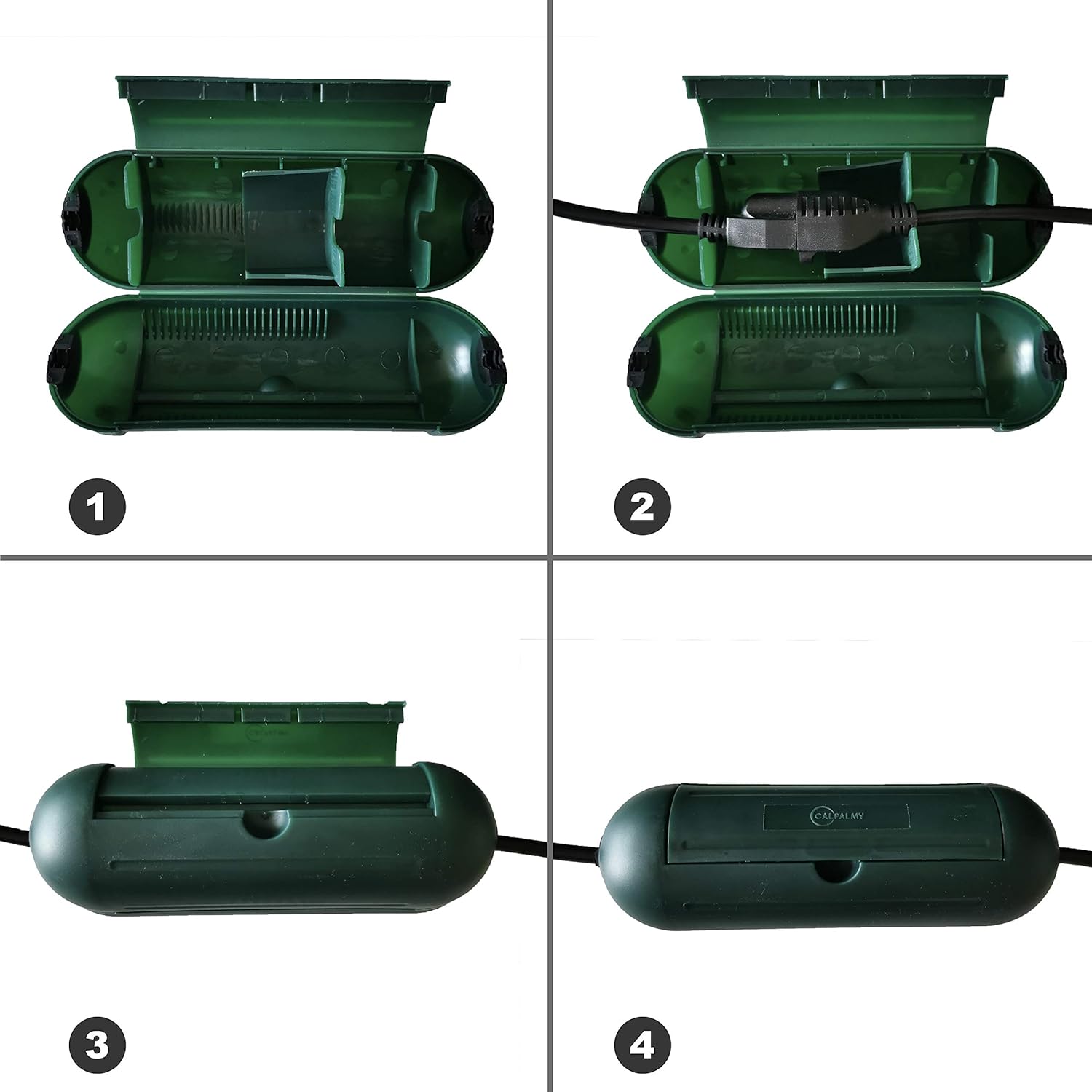 4 Pack Extension Cord Protective Cover Set (Green) | Indoor Outdoor Water-Resistant Holder for Holiday String Lights, Plugs and Wires | Capsule Shaped Protector with Large Compartment