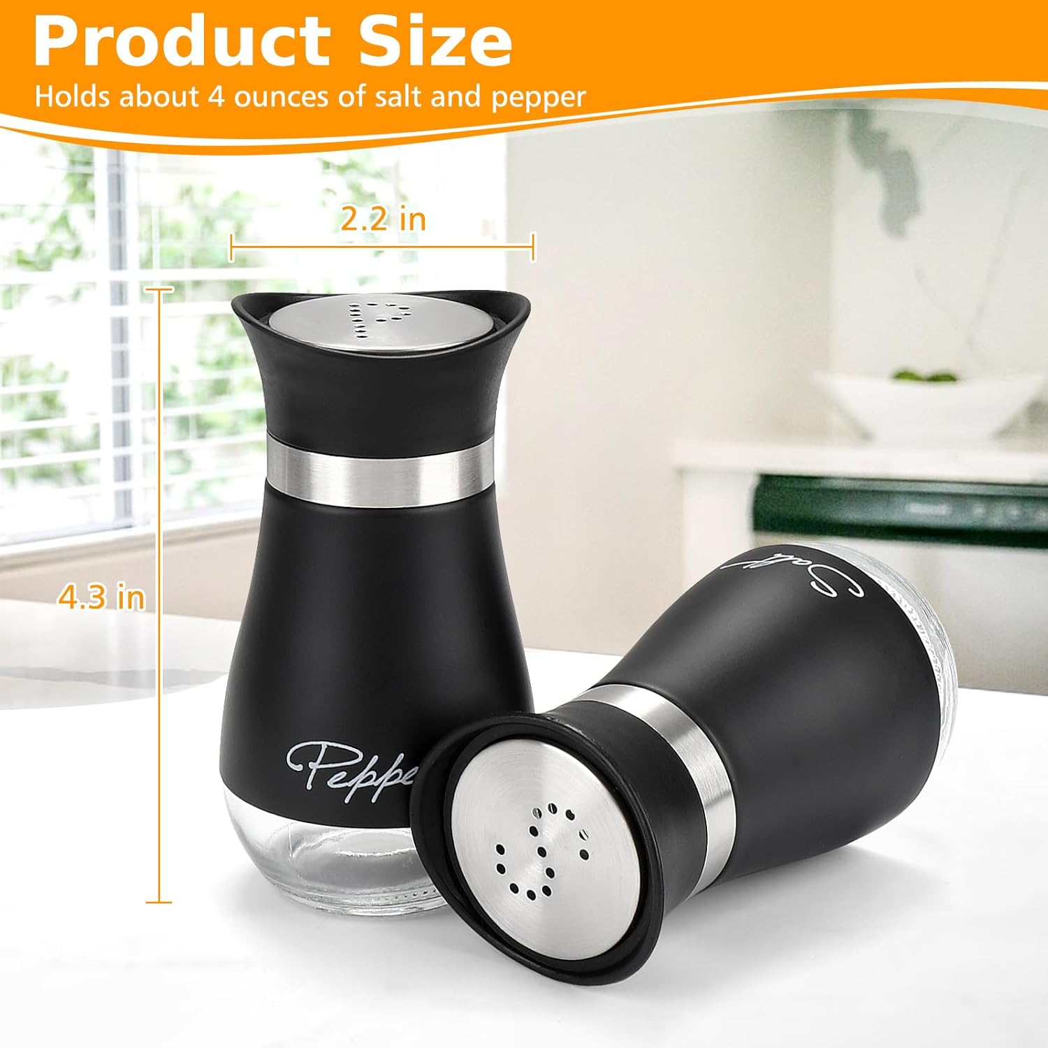 Salt and Pepper Shakers Set with Holder, 4 oz Stainless Steel Salt Pepper Shaker Containers with Glass Bottom for Kitchen Cooking, BBQ, Bar, Table, RV, Camp