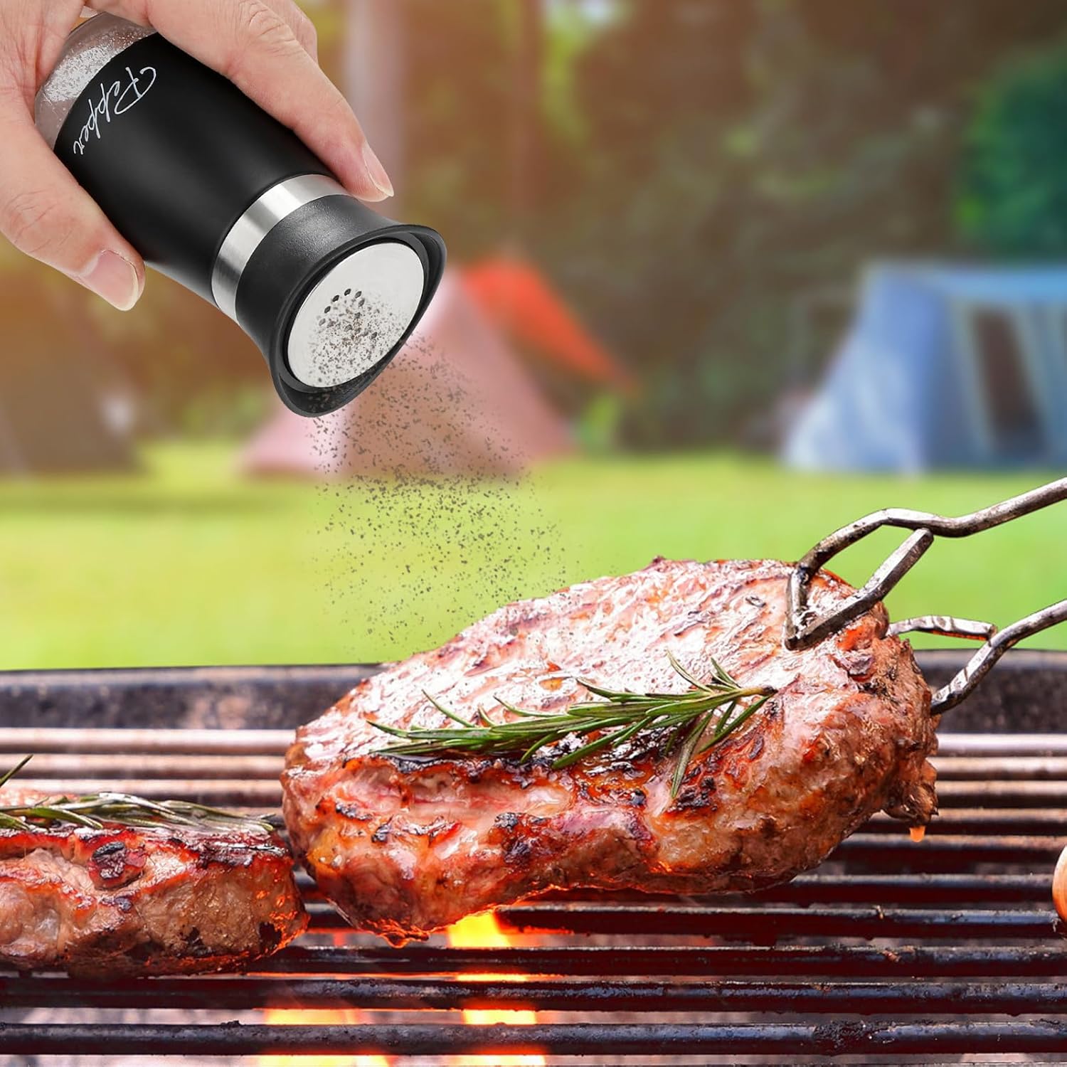 Salt and Pepper Shakers Set with Holder, 4 oz Stainless Steel Salt Pepper Shaker Containers with Glass Bottom for Kitchen Cooking, BBQ, Bar, Table, RV, Camp
