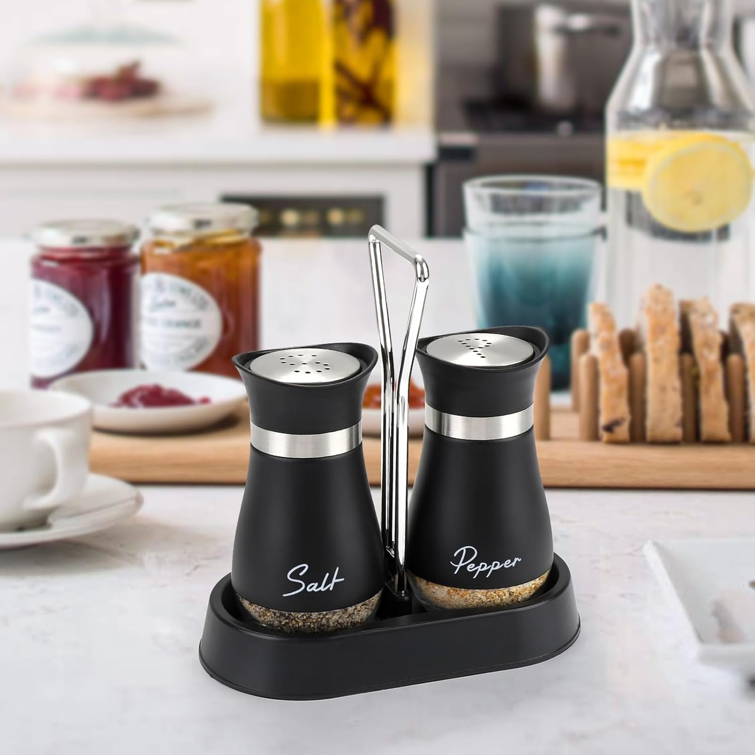 Salt and Pepper Shakers Set with Holder, 4 oz Stainless Steel Salt Pepper Shaker Containers with Glass Bottom for Kitchen Cooking, BBQ, Bar, Table, RV, Camp