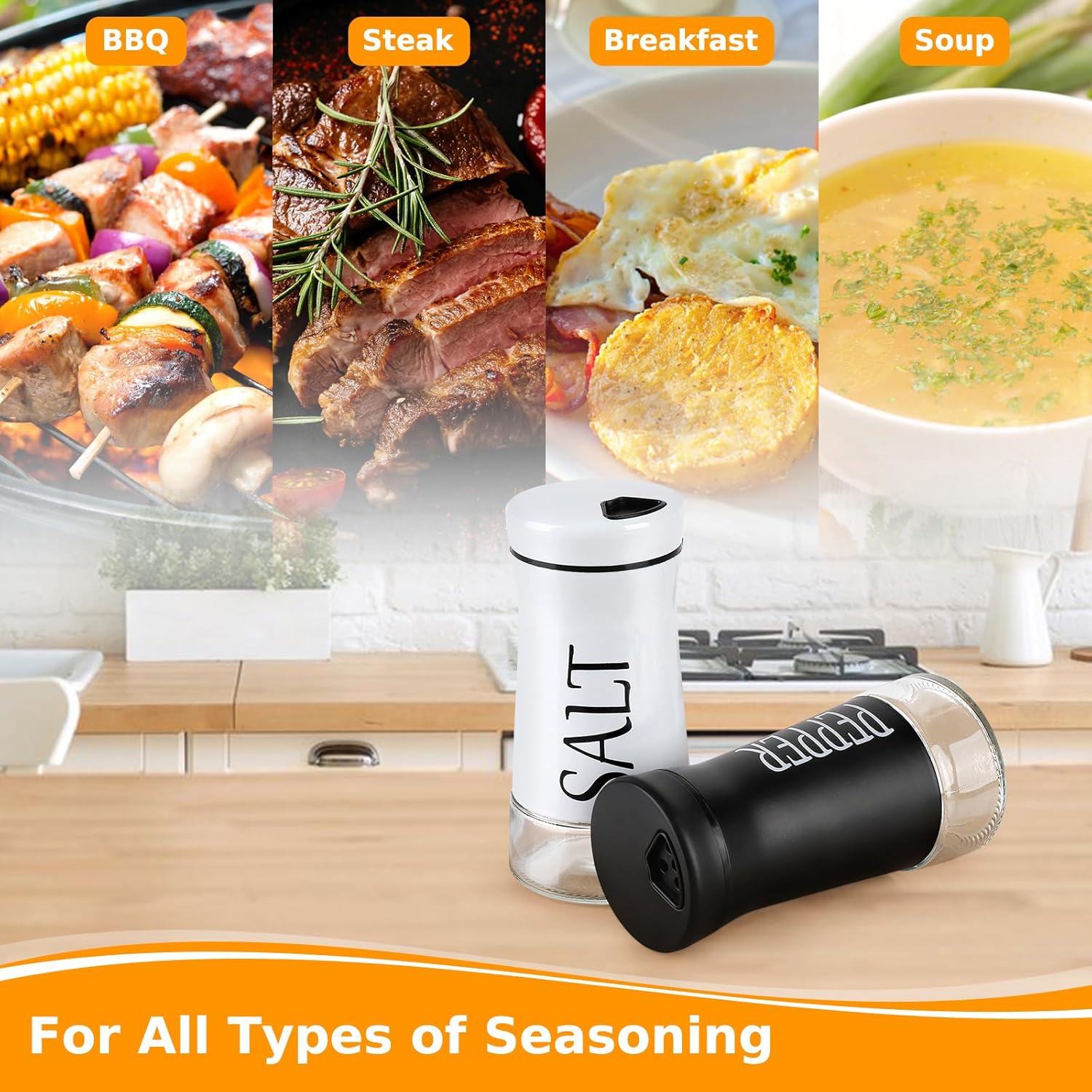 Salt and Pepper Shakers with Adjustable Pour Hole, Stainless Steel Salt Pepper Shaker Dispenser with Glass Bottom for Kitchen Cooking, RV, Camp, BBQ