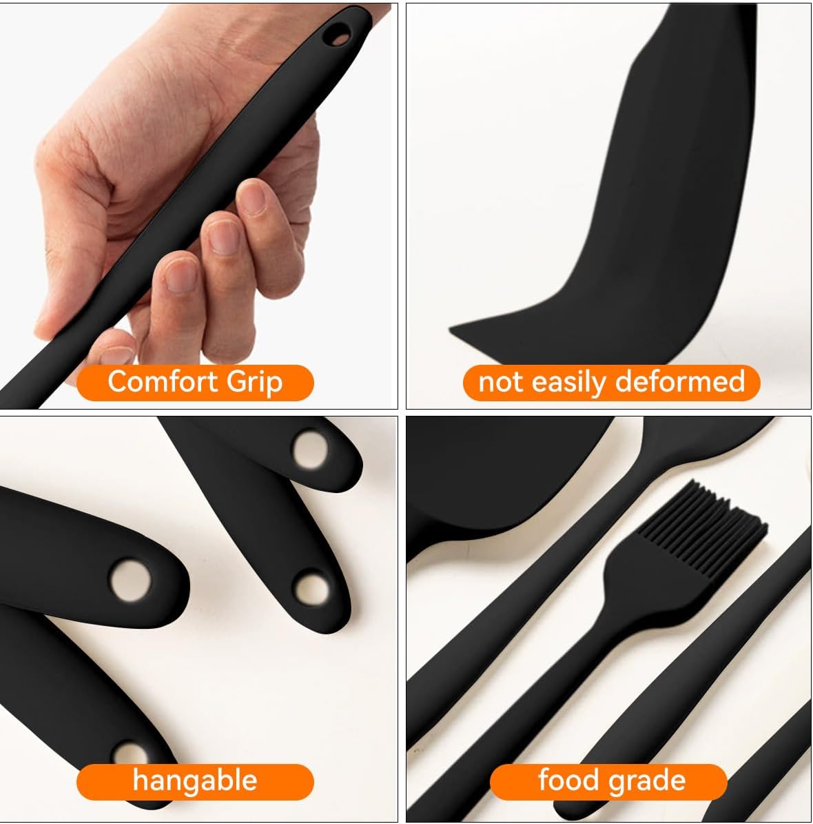 6 Pieces Food Grade Silicone Rubber Spatula Set for Baking, Cooking, and Mixing High Heat Resistant Non Stick Dishwasher Safe Heat Resistant Up to 600°F (Black)