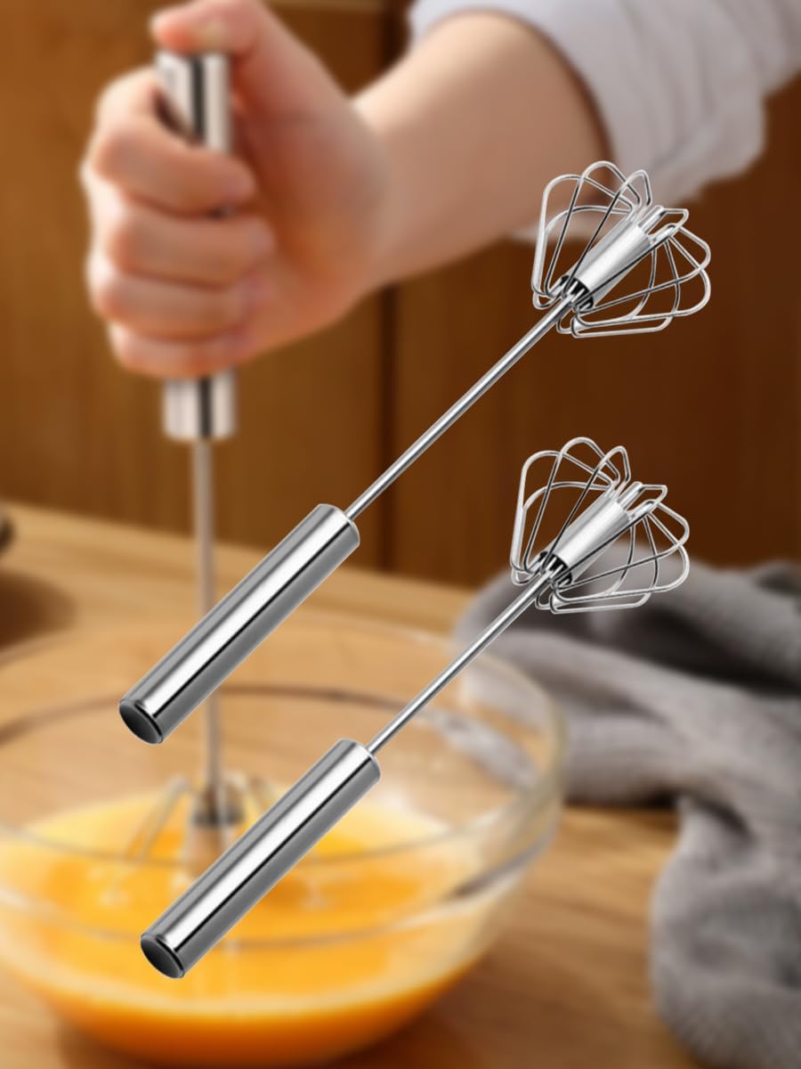 2 Pcs (10" & 12") Stainless Steel Semi-Automatic Whisk, Hand Push Rotary Blender, Hand Push Mixer Stirrer Tool for Cooking Kitchen Home Egg Milk