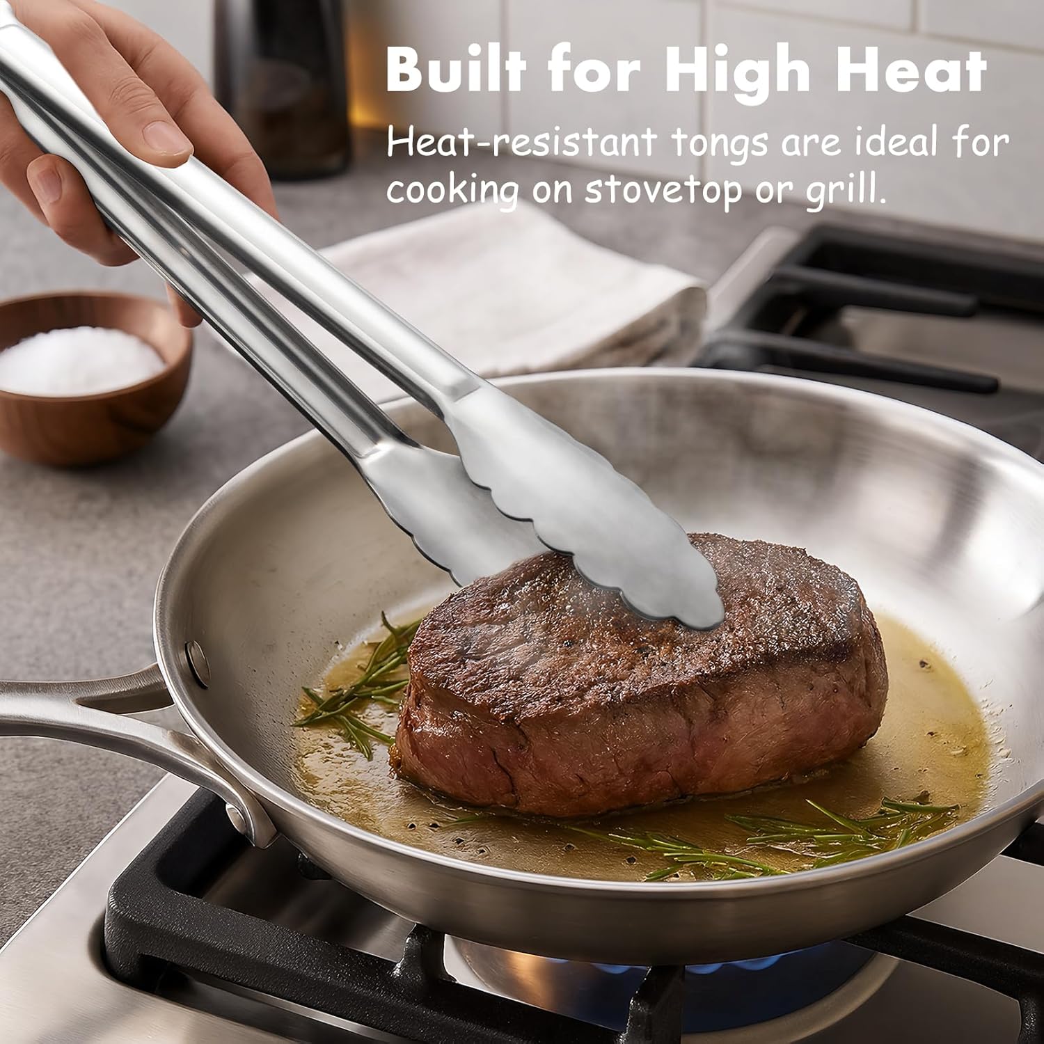Seamless Tongs for Cooking, One-Piece Design, Durable Heat Resistant Stainless Steel Tongs for Kitchen, Grill, BBQ, Salad, Dishwasher Safe, Metal Tongs Set (12