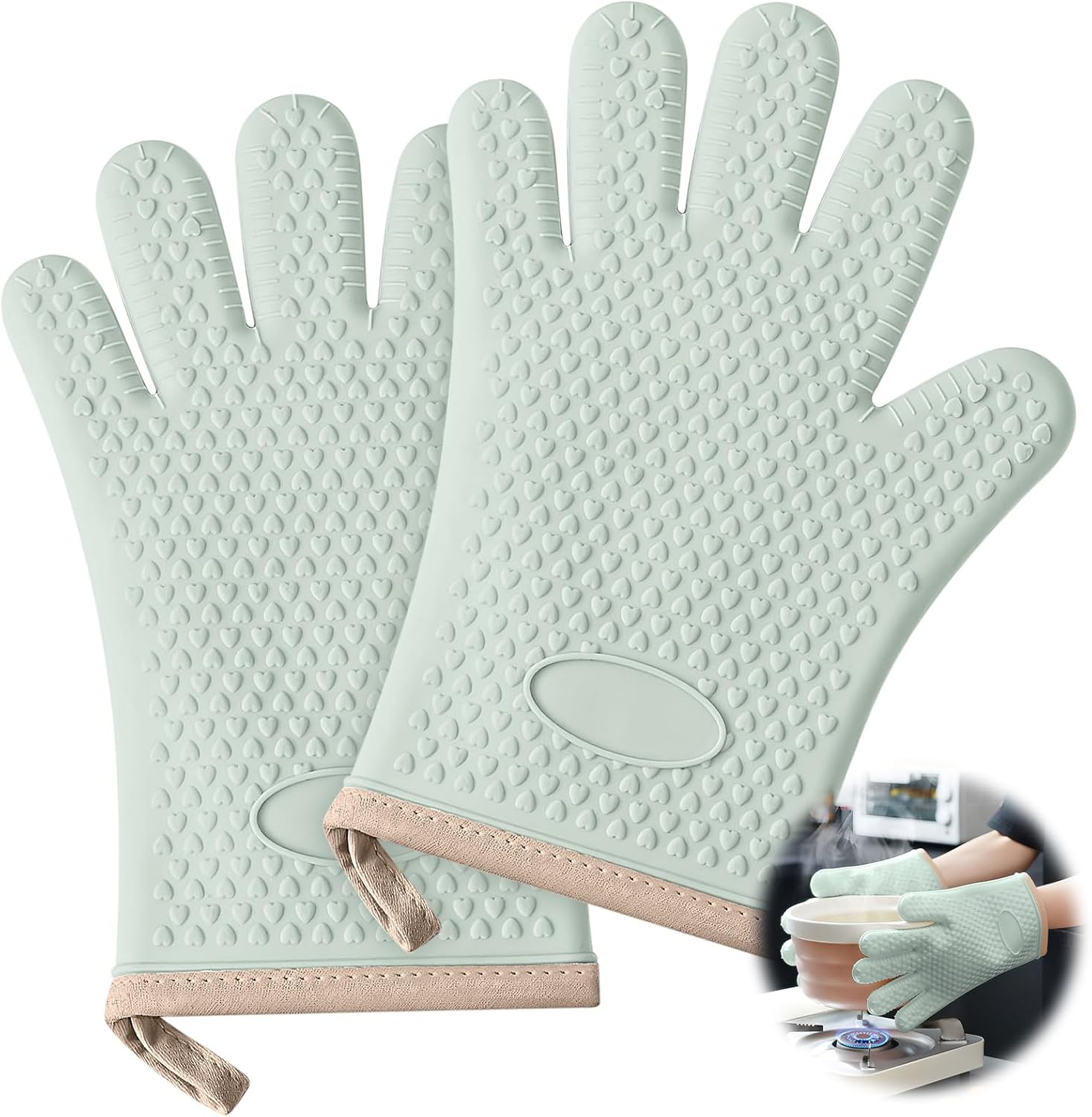 Light Green Heat Resistant Oven Gloves for Baking and Cooking - 1 Pair