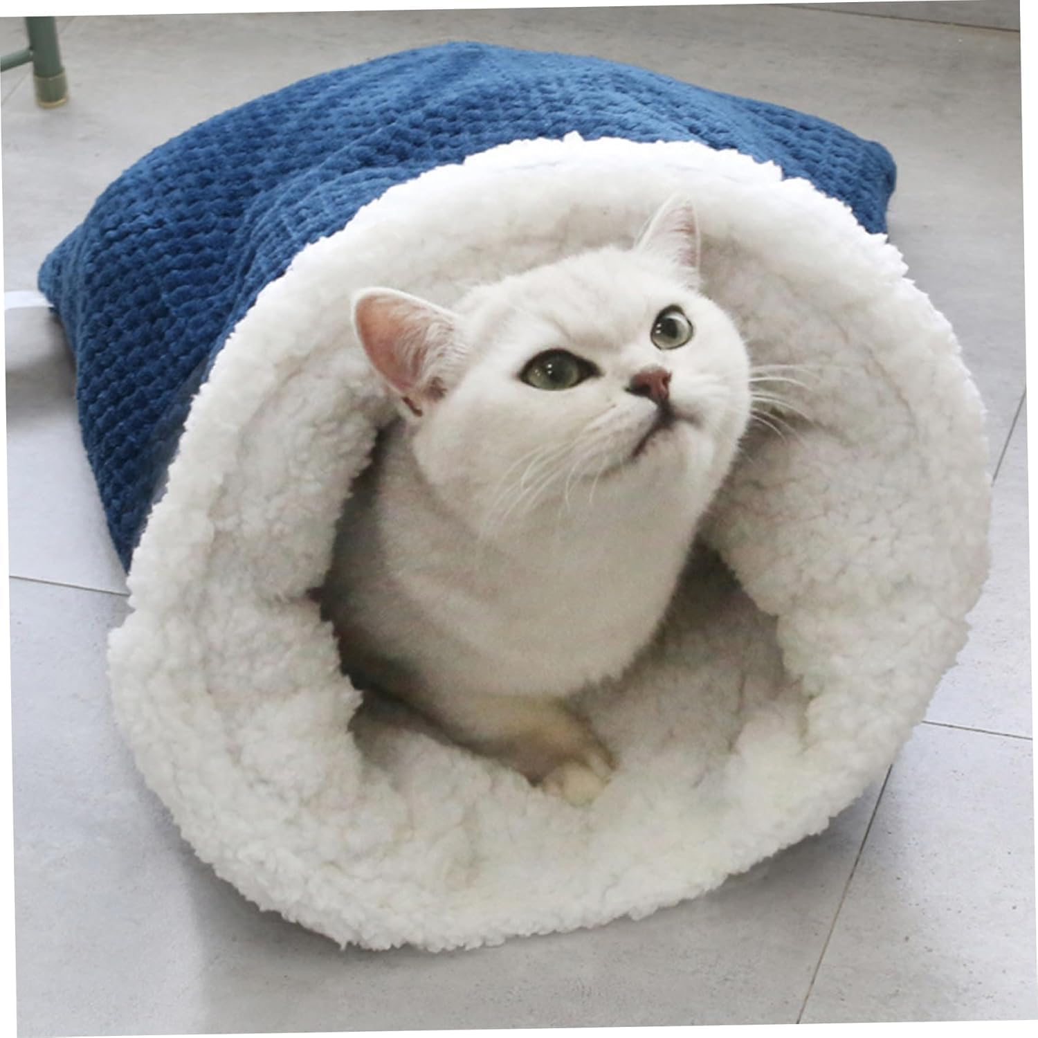 Cat Sleeping Bag Nest - Half-Closed Design - Plush & Fleece - Warm - Navy Blue - 1 Piece
