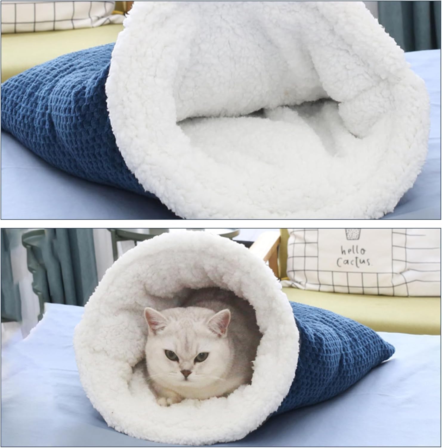 Cat Sleeping Bag Nest - Half-Closed Design - Plush & Fleece - Warm - Navy Blue - 1 Piece