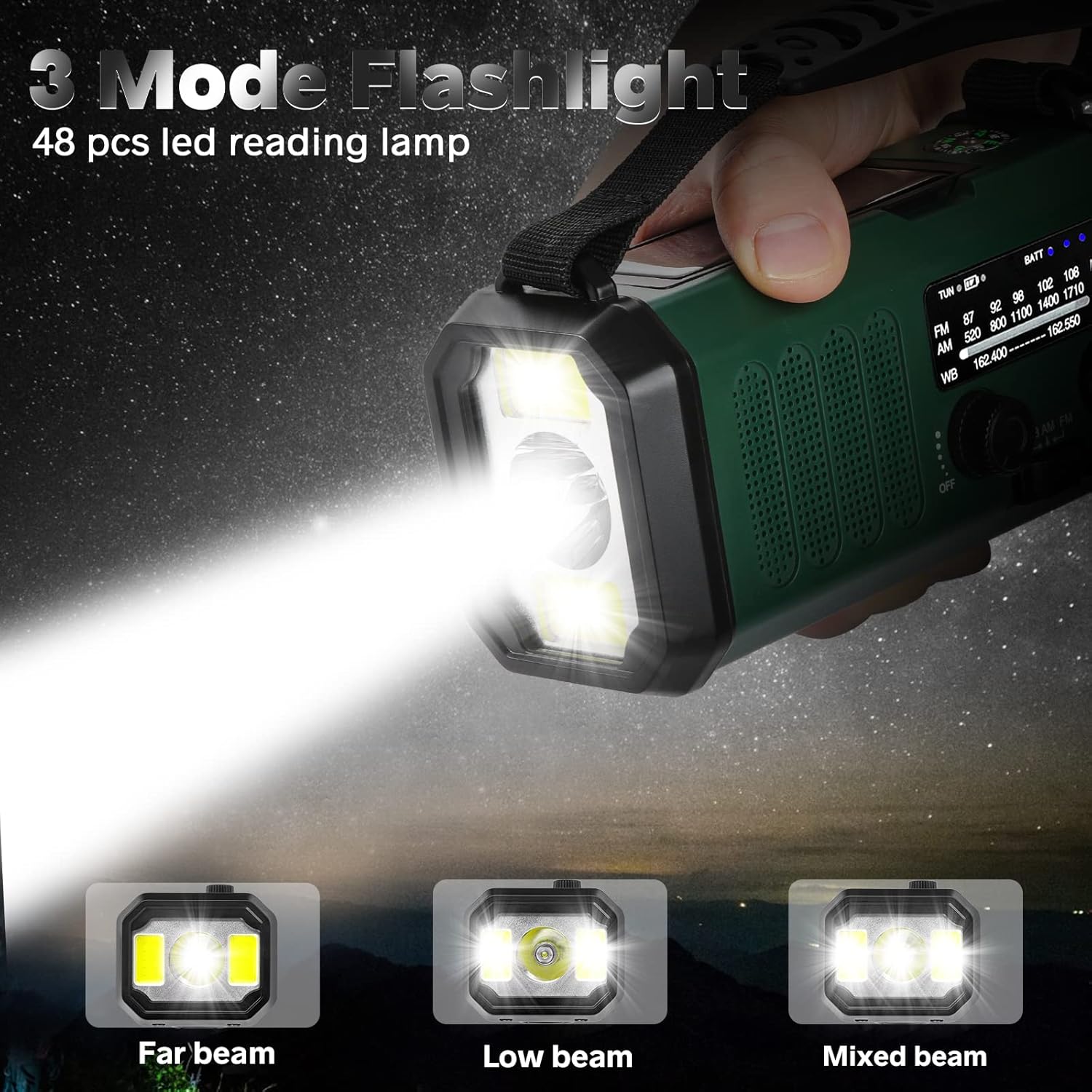 Solar Powered Emergency Radio with AM/FM, Rechargeable Battery, Flashlight, Reading Light and Phone Charger for Indoor Outdoor Use