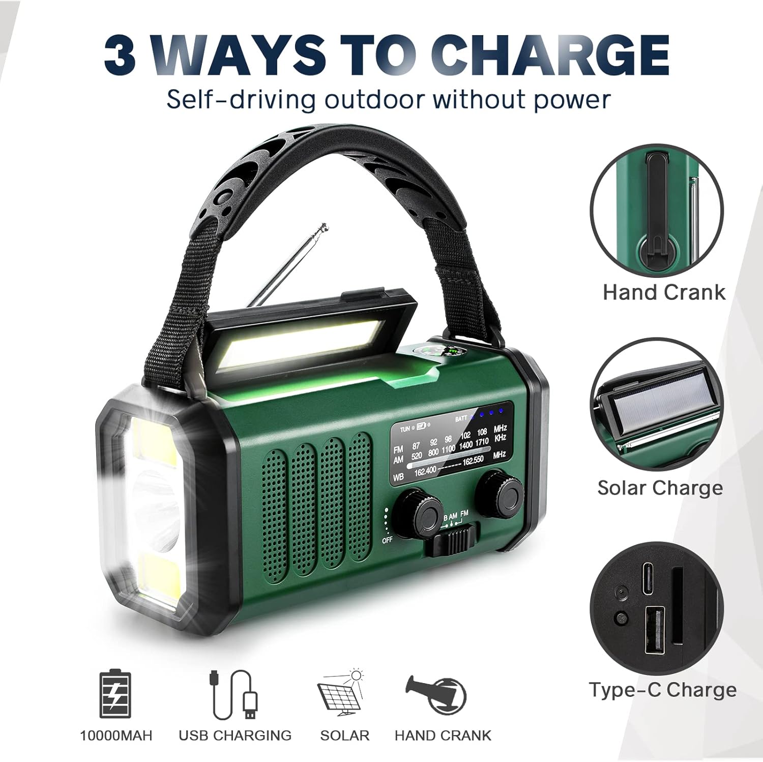 Solar Powered Emergency Radio with AM/FM, Rechargeable Battery, Flashlight, Reading Light and Phone Charger for Indoor Outdoor Use