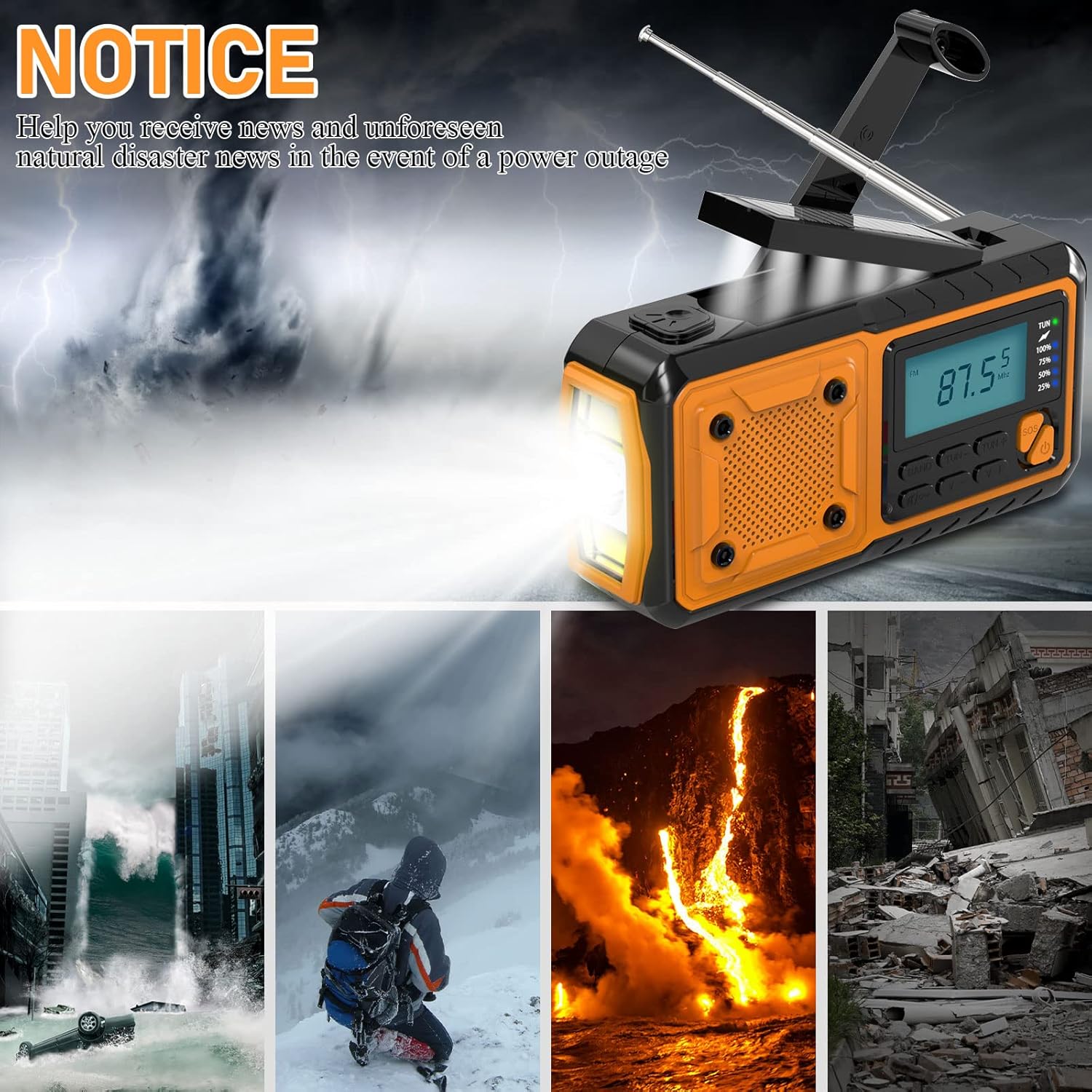 Emergency Radio Flashlight 4000mAh Hand Crank Portable AM/FM Radio for Camping Outdoor Emergencies Orange