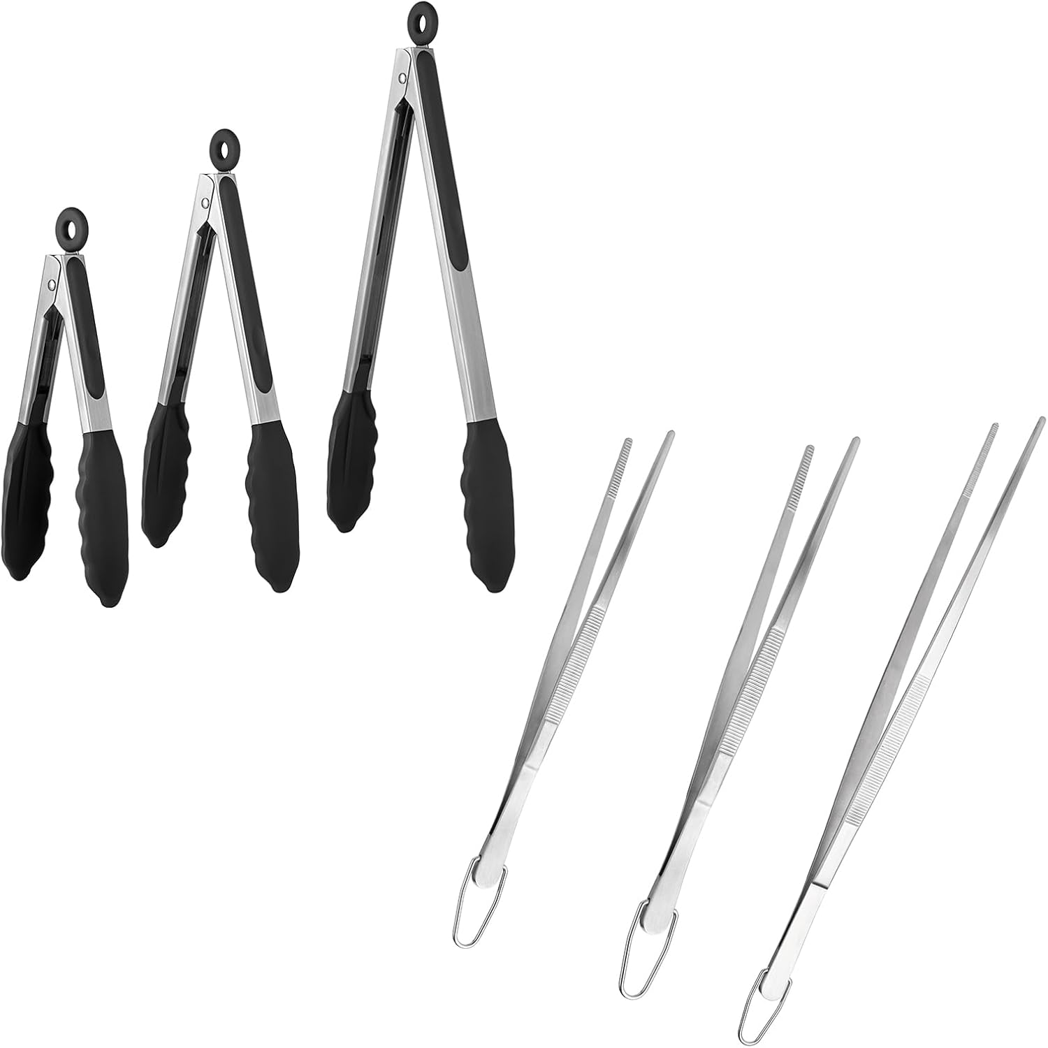 600ºF Heat Resistant 7/9/12 inches Silicone Cooking Tongs with Non Stick Rubber Tips (Black) and 8