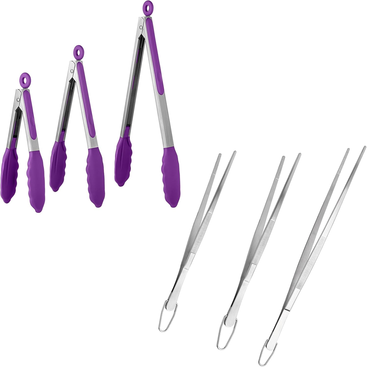 600ºF Heat Resistant 7/9/12 inches Silicone Cooking Tongs with Non Stick Rubber Tips (Purple) and 8"+10"+12" Kitchen Tweezer Set: 18/8 Stainless Steel Food-Grade Metal Food Tong (Pointed Tip)