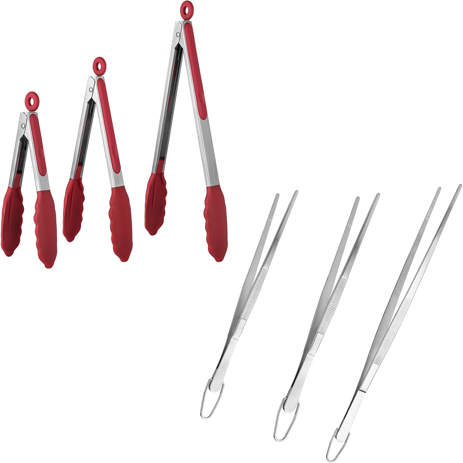 600ºF Heat Resistant 7/9/12 inches Silicone Cooking Tongs with Non Stick Rubber Tips (Red) and 8