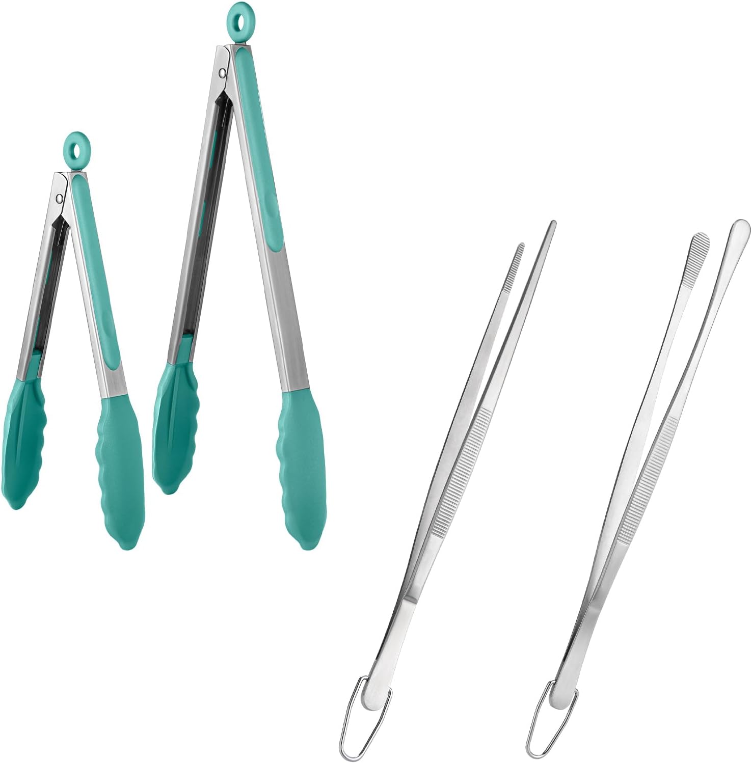 600ºF Heat Resistant 9+12 in Silicone Cooking Tongs with Non Stick Rubber Tips (Aqua Sky) and 12