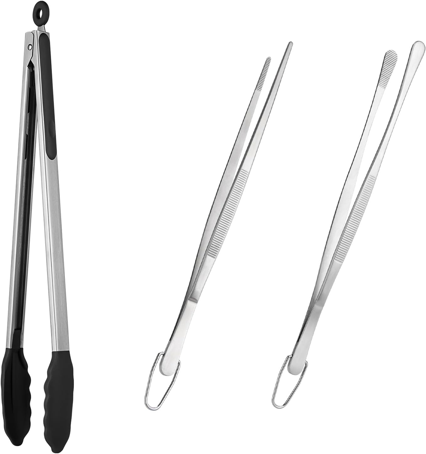 600ºF Heat Resistant 16in Silicone Cooking Tongs with Non Stick Rubber Tips (Black) and 12