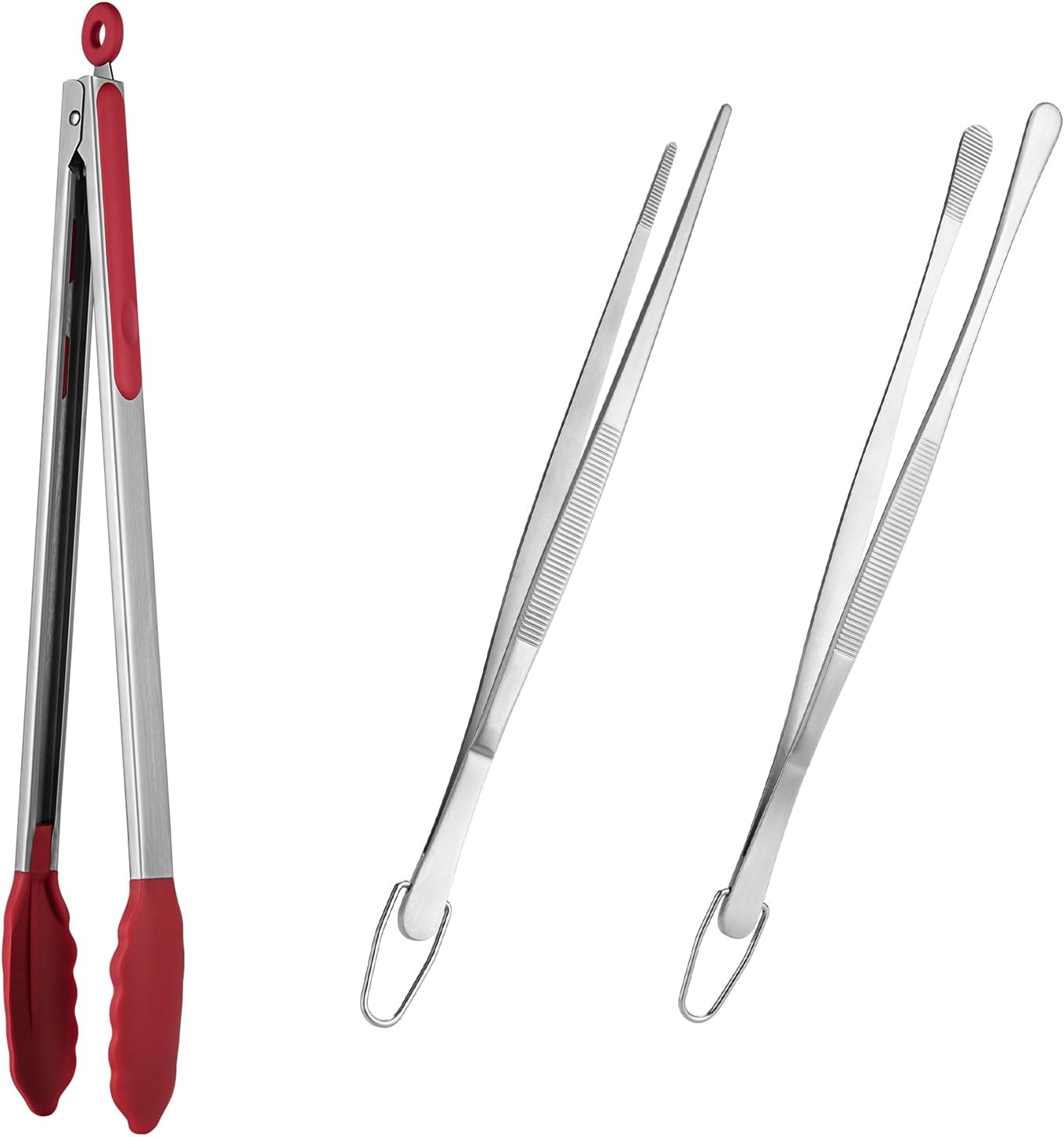 600ºF Heat Resistant 16in Silicone Cooking Tongs with Non Stick Rubber Tips (Red) and 12