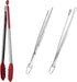 600ºF Heat Resistant 16in Silicone Cooking Tongs with Non Stick Rubber Tips (Red) and 12" Kitchen Tweezer Set: 18/8 Stainless Steel Food-Grade Metal Food Tong (Round & Pointed Tip)