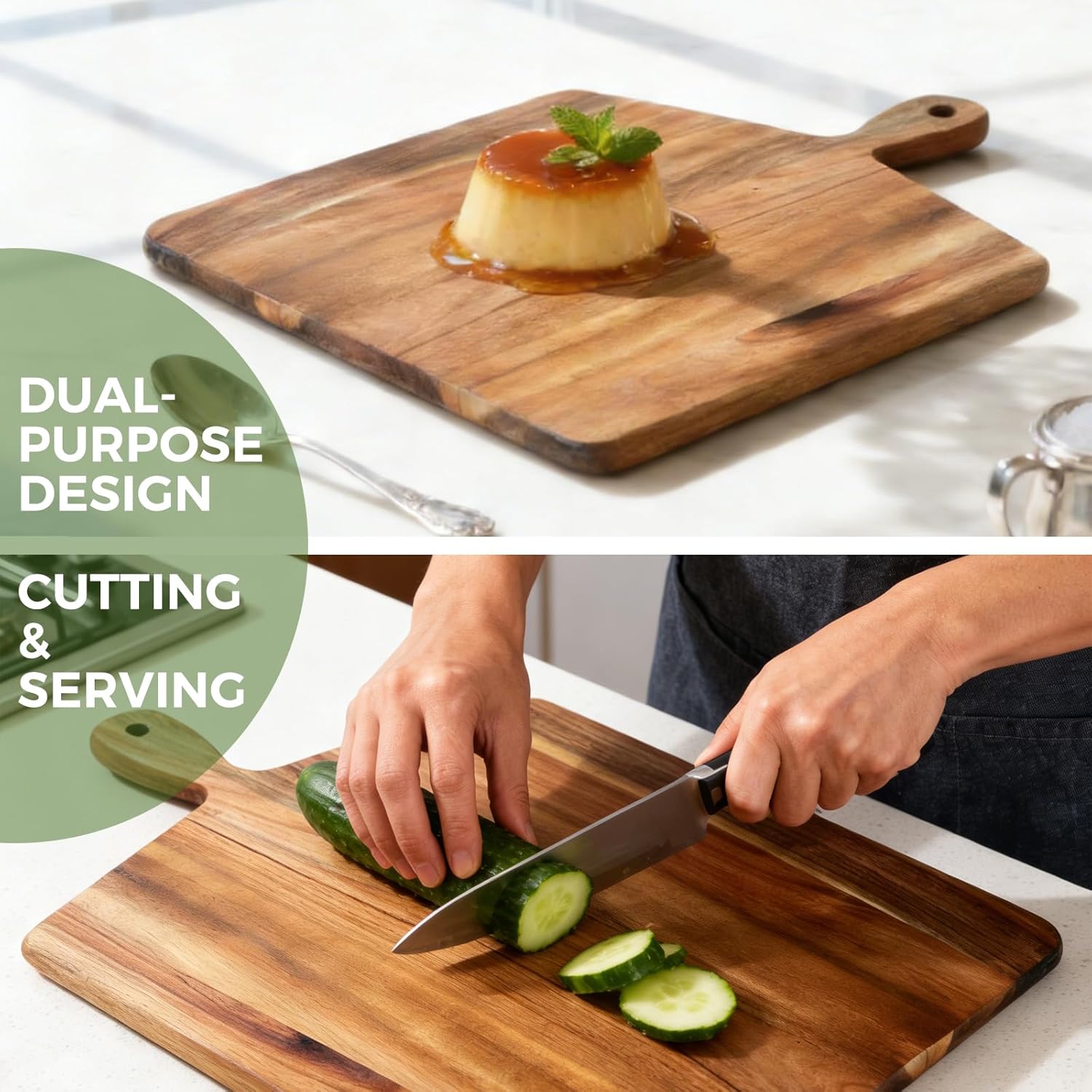 Acacia Wood Cutting Board with Handle, Wooden Chopping Board for Meat, Cheese, Bread & Vegetables, Decorative Charcuterie Serving Board for Kitchen Cooking, Pizza & Party Dining, 17