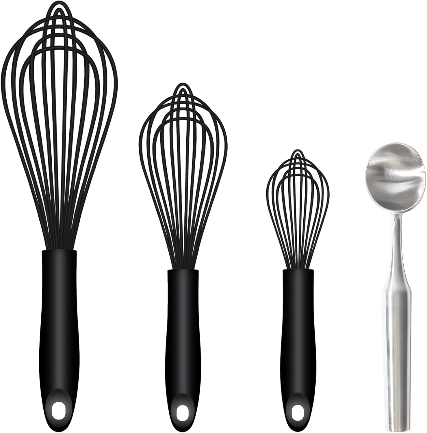 Silicone Whisk & Stainless Steel Ice Cream Scoop Set, Kitchen Essentials for Cooking and Desserts