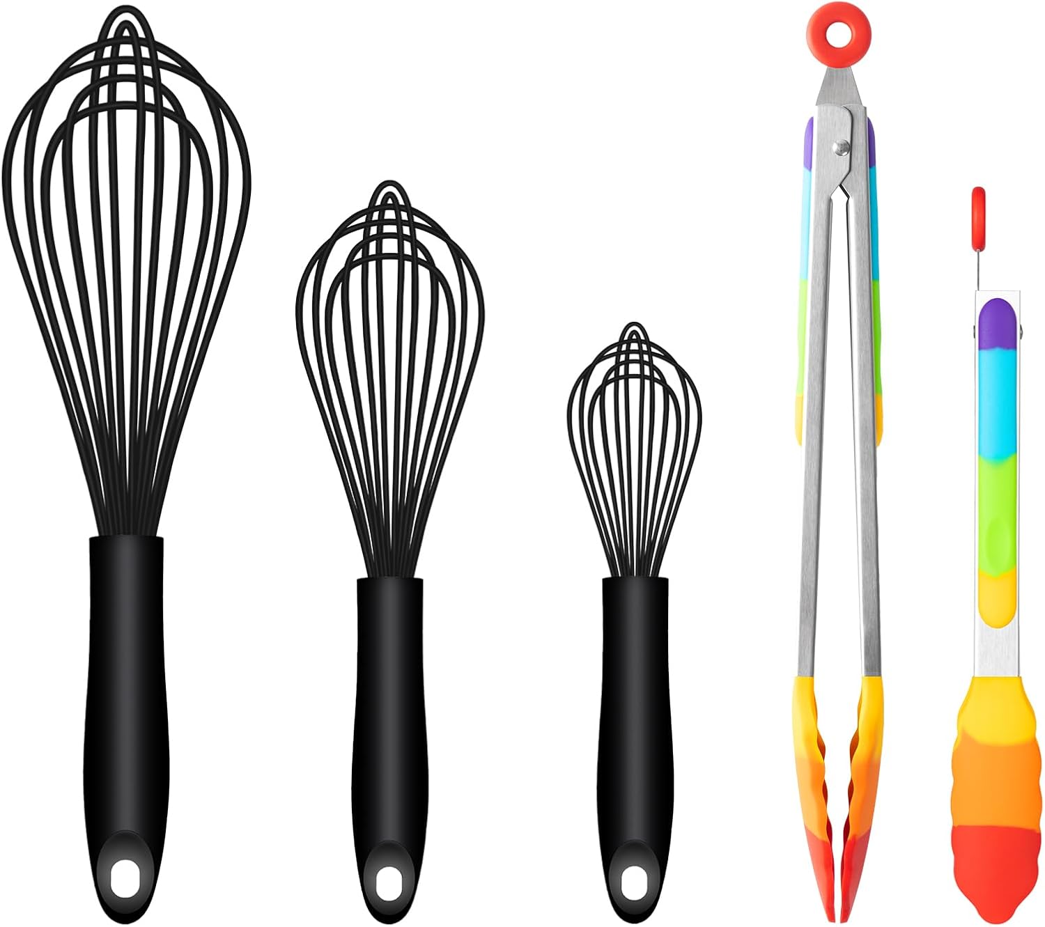 Silicone Whisk & Rainbow Tongs Set, Heat-Resistant Kitchen Tools for Cooking and Serving