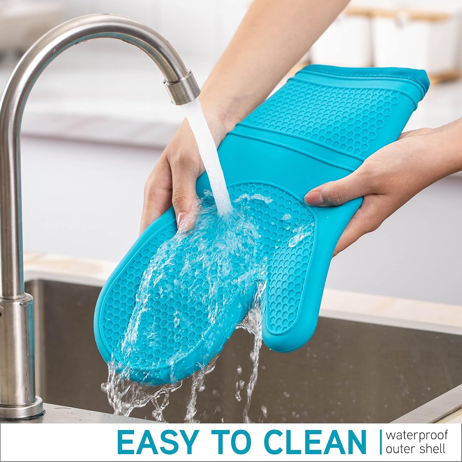 Silicone Oven Mitts- Heat Resistant Gloves with Soft Quilted Lining Oven Mitt Pot Holders for Cooking and BBQ, Teal, Mitt Set