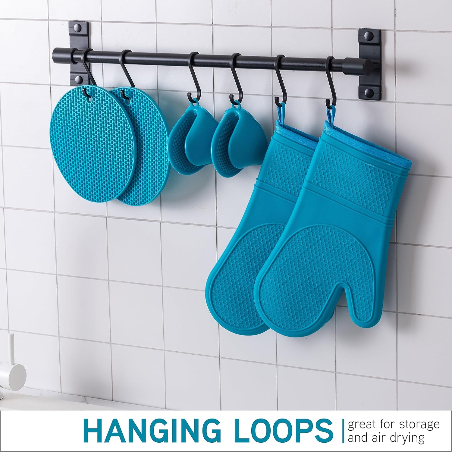 Silicone Oven Mitts- Heat Resistant Gloves with Soft Quilted Lining Oven Mitt Pot Holders for Cooking and BBQ, Teal, Mitt Set
