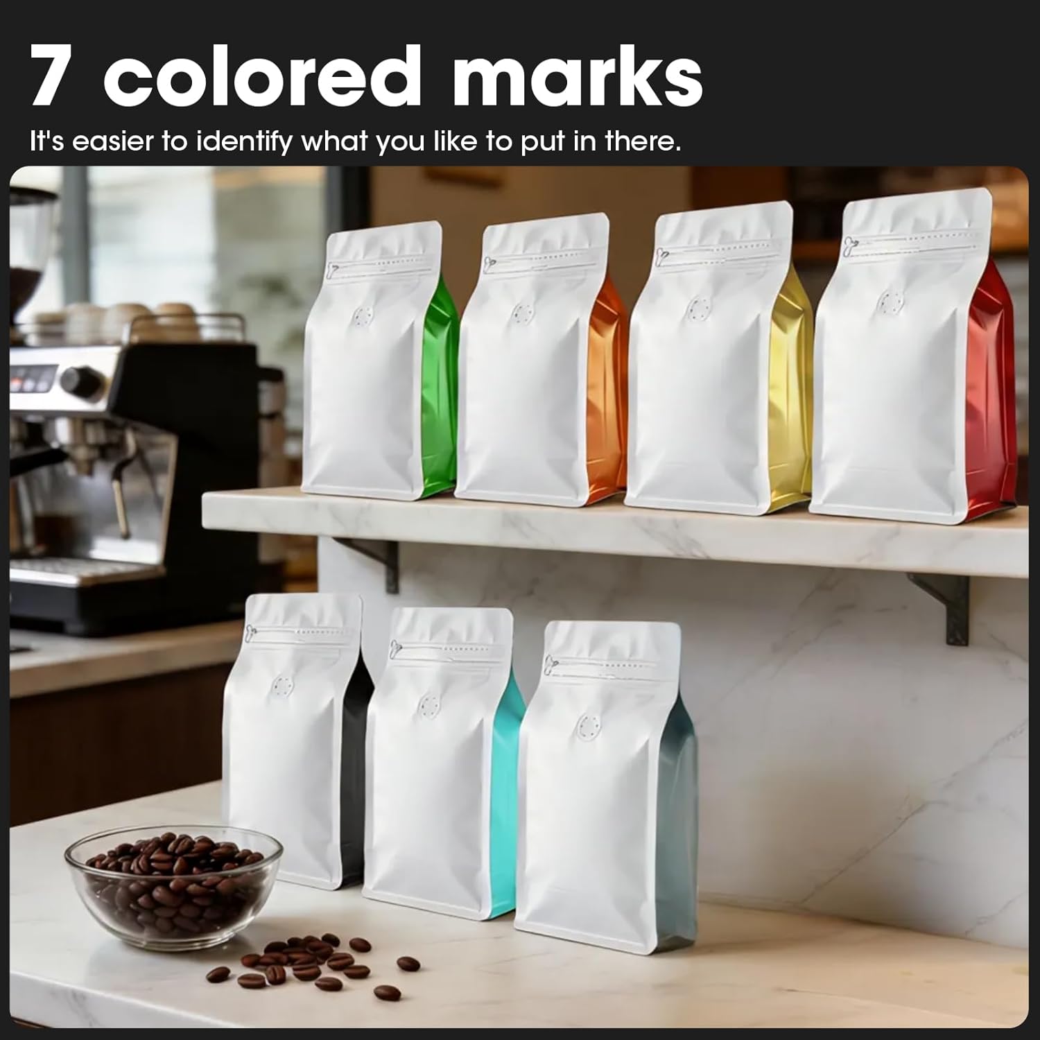 Coffee Bags with Valve(60pcs,16 oz,1 lb) Vented Coffee Beans Packaging Bags High Barrier Aluminumed Foil Flat Bottom Heat Sealed Side Zipper Resealable Storage Bag for Home or Business（White+Black）