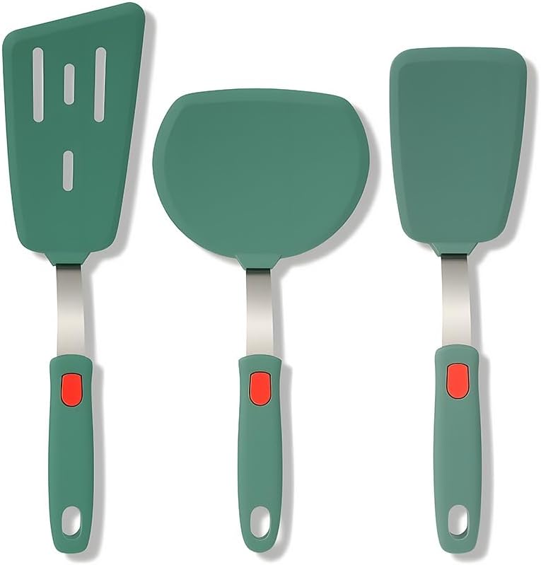 Silicone Spatula Turner Set of 3,Heat Resistant,430 Stainless Steel Core, BPA-Free Kitchen Utensils Set for Cooking,Baking,Flipping,Dishwasher Safe(Dark Green)