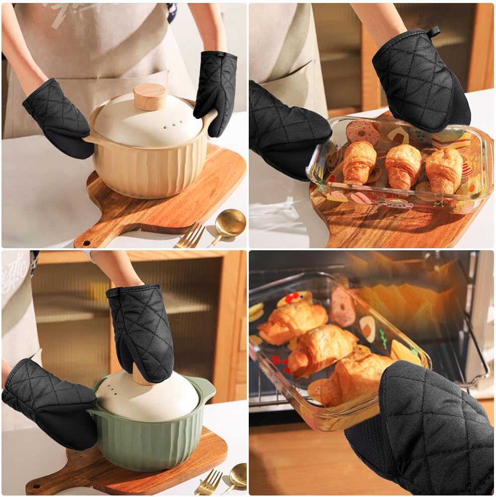 1 pair of short oven mitts made of neoprene cotton - black - with non-slip surface and hanging loop - suitable for cooking, baking and grilling