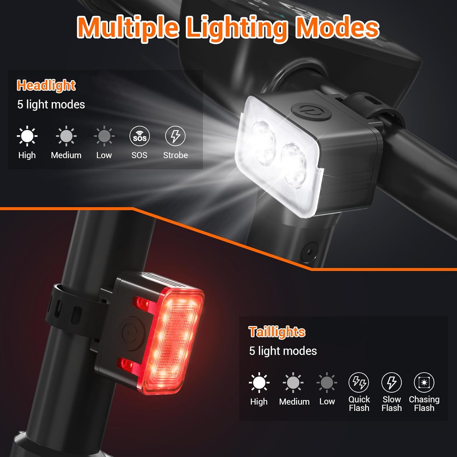 Bike light - IPX6 waterproof - Front and rear light - Rechargeable - Type-C charging port - 5+6 modes - Front and rear light combination - 300 lumens - Super bright - Night riding - Suitable for kids and adults - 106 g