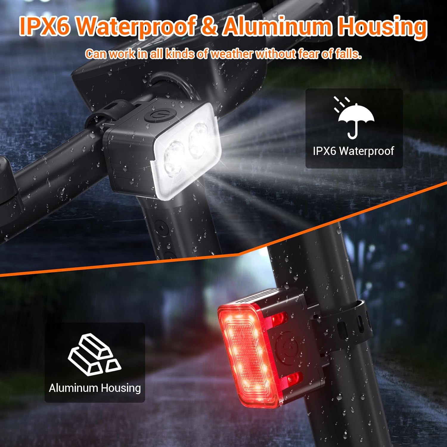Bike light - IPX6 waterproof - Front and rear light - Rechargeable - Type-C charging port - 5+6 modes - Front and rear light combination - 300 lumens - Super bright - Night riding - Suitable for kids and adults - 106 g