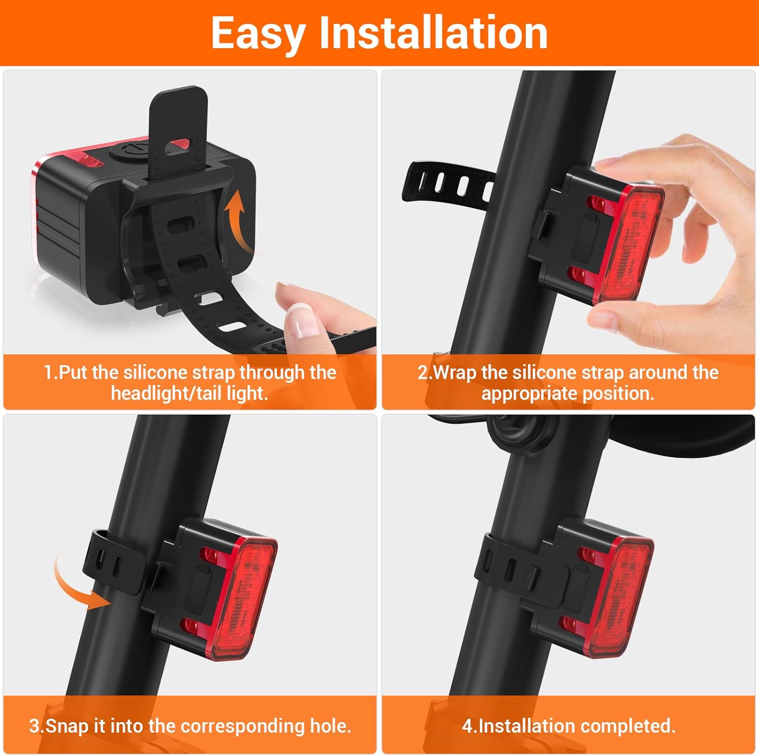 Bike light - IPX6 waterproof - Front and rear light - Rechargeable - Type-C charging port - 5+6 modes - Front and rear light combination - 300 lumens - Super bright - Night riding - Suitable for kids and adults - 106 g