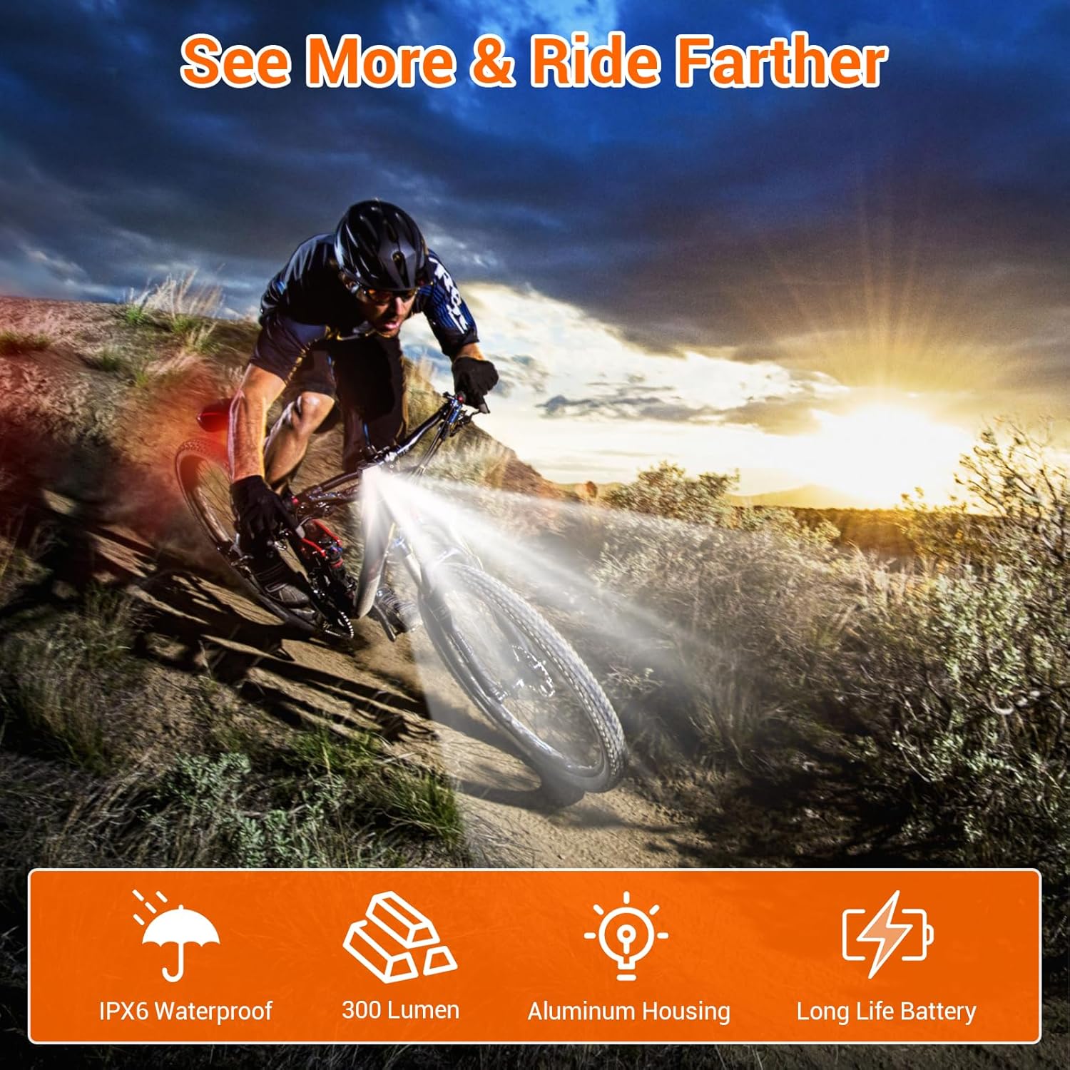 Bike light - IPX6 waterproof - Front and rear light - Rechargeable - Type-C charging port - 5+6 modes - Front and rear light combination - 300 lumens - Super bright - Night riding - Suitable for kids and adults - 106 g