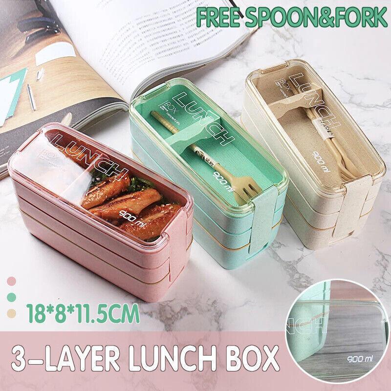 Lunch Box 3-Layer Bento Food Container 900ml with Spoon Fork Portable Student Use - Beige
