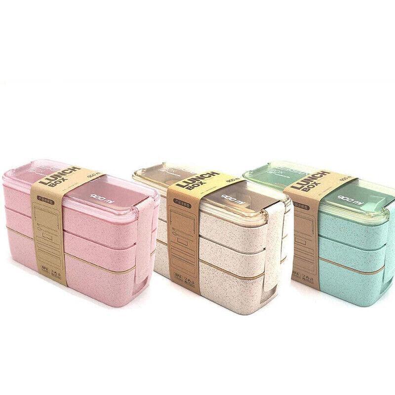 Lunch Box 3-Layer Bento Food Container 900ml with Spoon Fork Portable Student Use - Beige