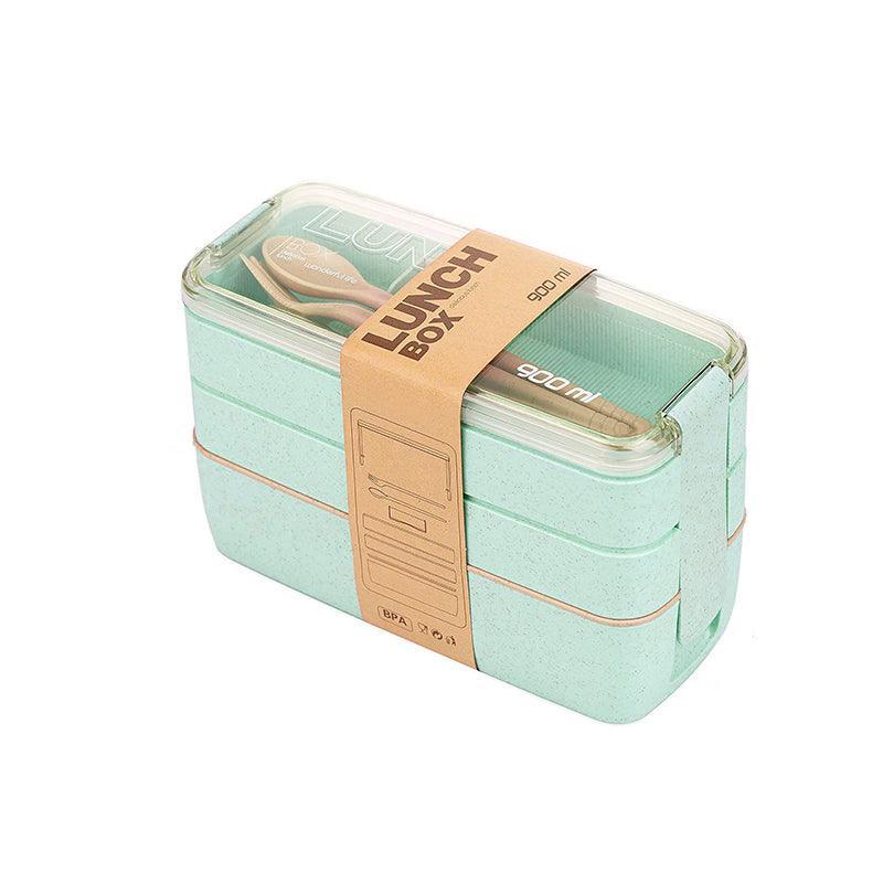 Lunch Box 3-Layer Bento Food Container 900ml with Spoon Fork Portable Student Use - Green