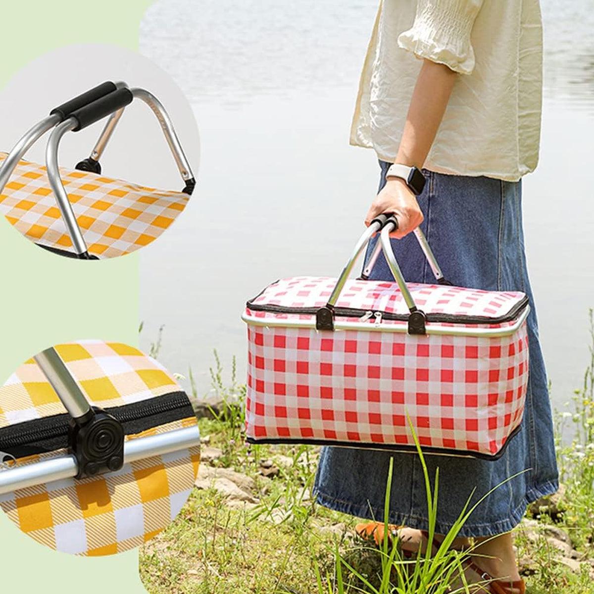 Foldable Picnic Basket Outdoor Camping Carrying Basket Portable Food Storage - Green