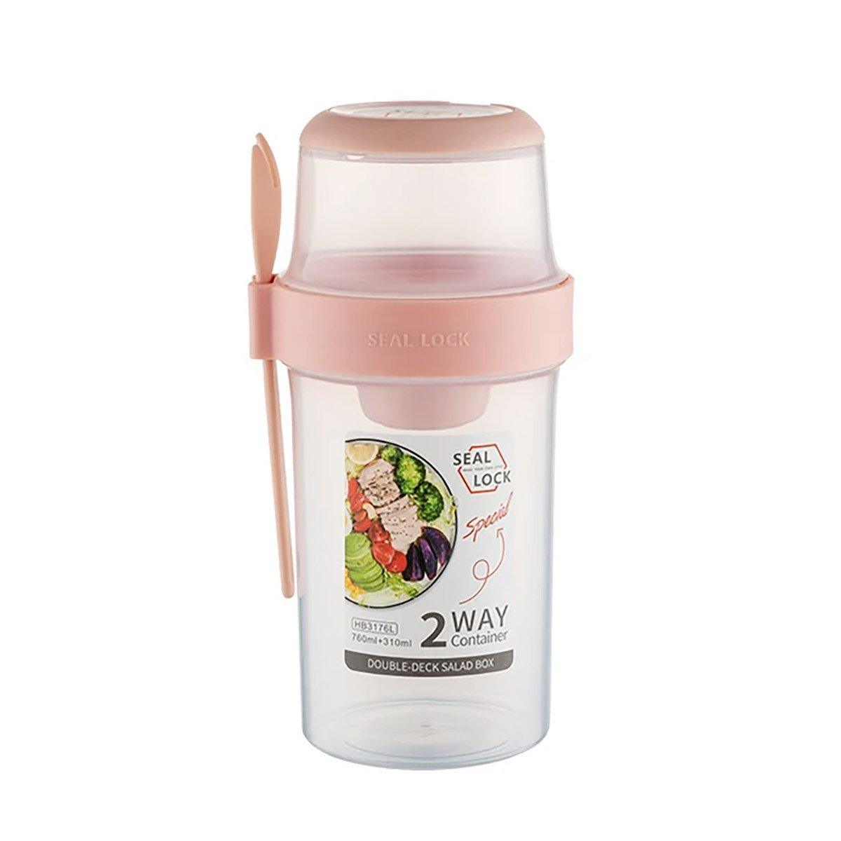 Double Plastic Salad Cup with Fork Sealed Breakfast Container for On-the-Go Meal - 560ml-Green