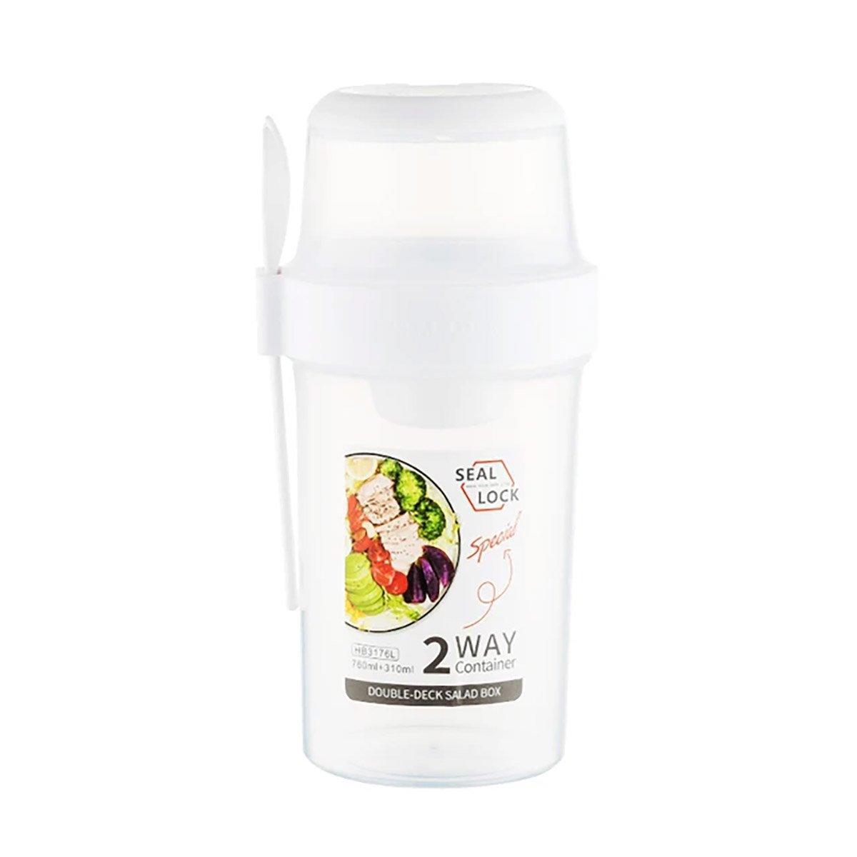 Double Plastic Salad Cup with Fork Sealed Breakfast Container for On-the-Go Meal - 560ml-White