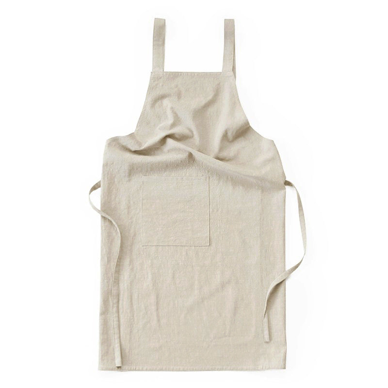 Beige Cotton Linen H-Back Apron - Solid Color Kitchen Cooking Apron with Pocket