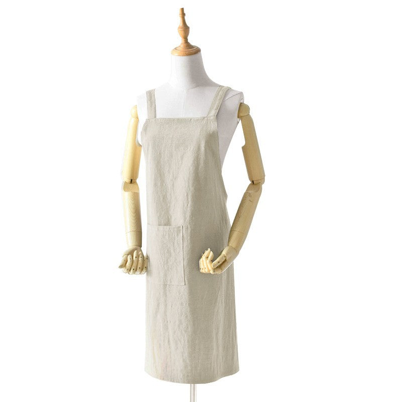 Beige Cotton Linen H-Back Apron - Solid Color Kitchen Cooking Apron with Pocket