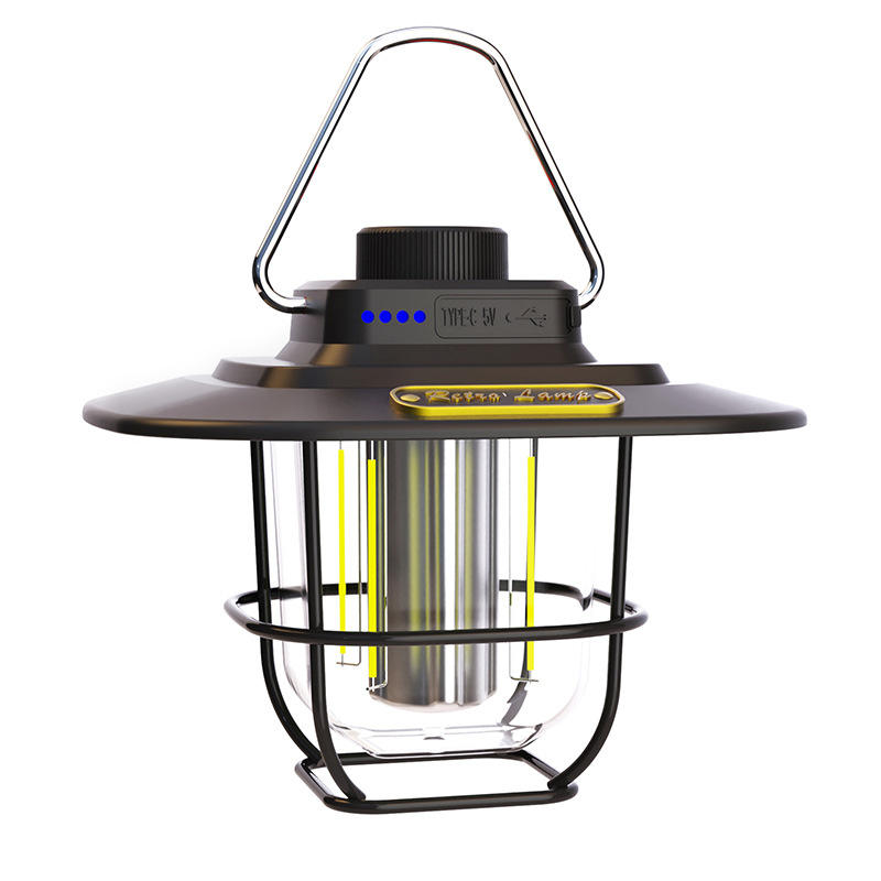 Black Vintage LED Camping Lantern - Rechargeable, Stepless Dimming, Power Bank