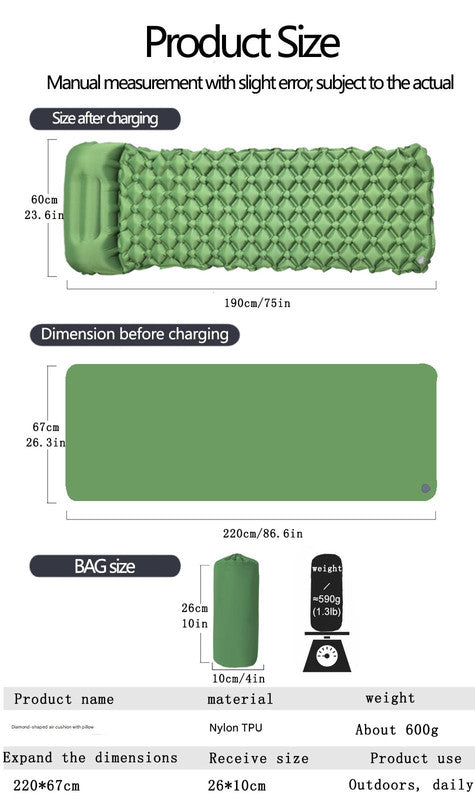 2pc Ultralight Inflatable Camping Sleeping Mat with Integrated Pillow - Waterproof 40D Nylon TPU(Orange)